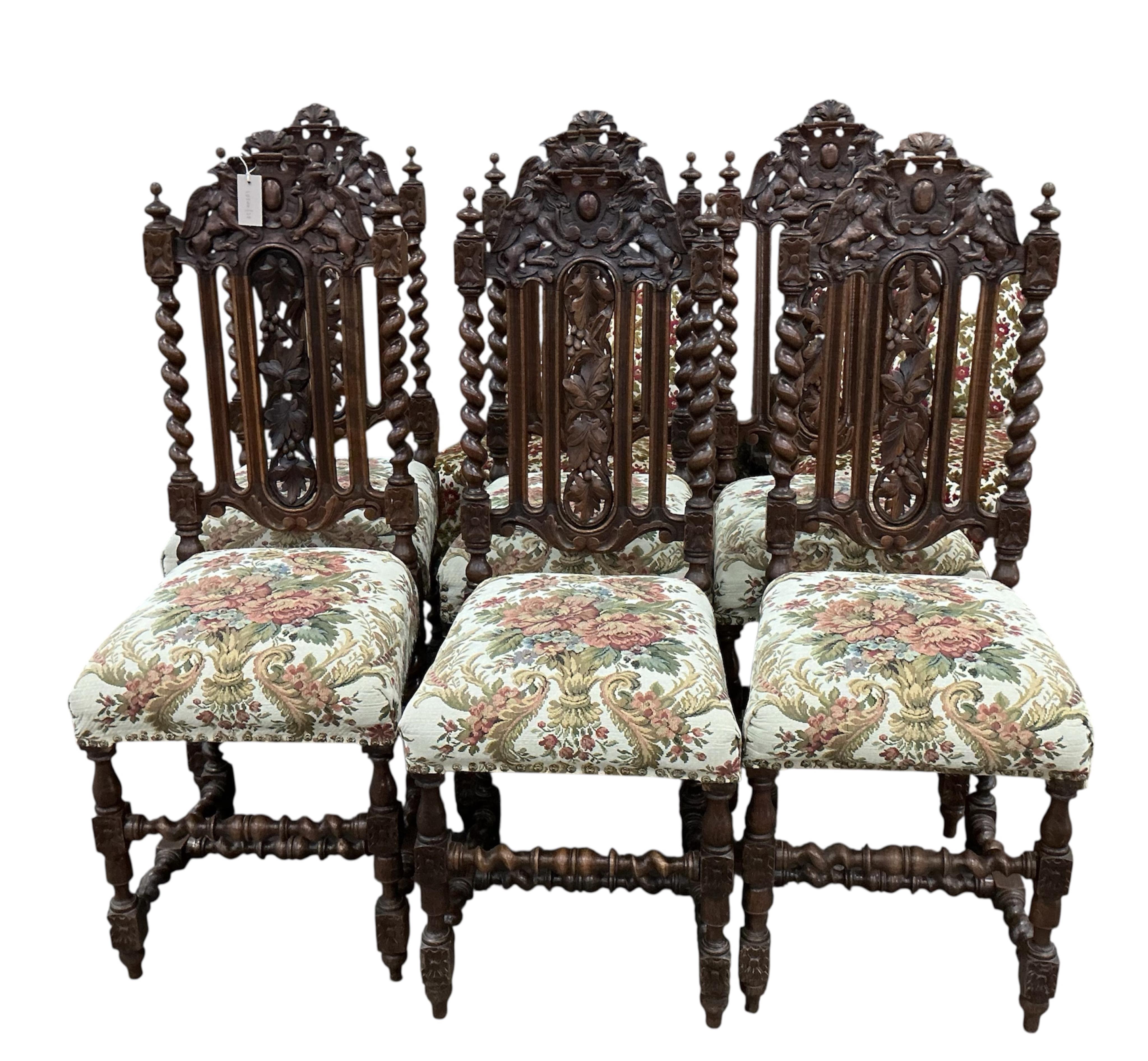 A set of six Victorian carved oak dining chairs, width 38cm, depth 40cm, height 114cm